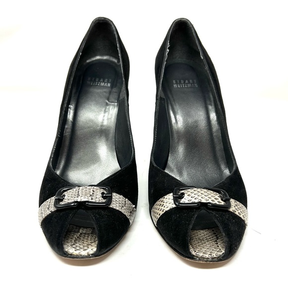 STUART WEITZMAN black suede, snakeskin, peep toe heels, made in Italy, size 8.5 - Picture 3 of 11